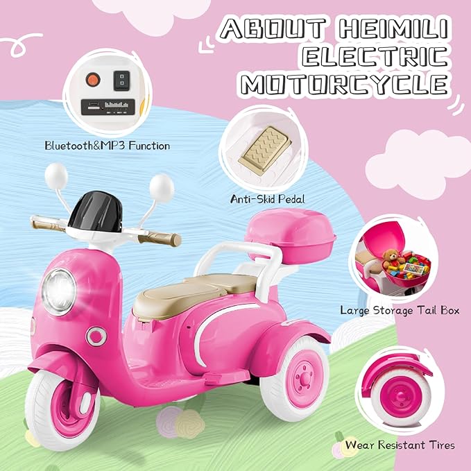 HEIMILI Kids Electric Motorcycle,Electric Scooter for 3 Year Old, Girls Toy, 3-Wheel 12V Ride On Scooter for Kids with Storage Compartments, Motorcycle for Girls (Rose)