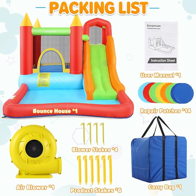 Inflatable Bounce House, Kids Bouncy House Slide with Blower, Long Slide, Fun Pool/Ball Pit, Climbing Wall, Basketball Rim, Outdoor Backyard Jumping Castle Bounce House for Kids 3-10 Years