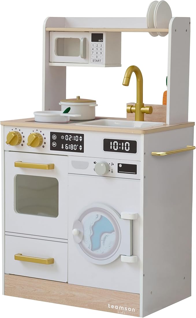 Teamson Kids Little Chef Lake Tahoe Smart Play Kitchen with Washing Machine, Oven, Microwave & Ample Storage, Neat & Compact Healthy Play for Age 3+, White