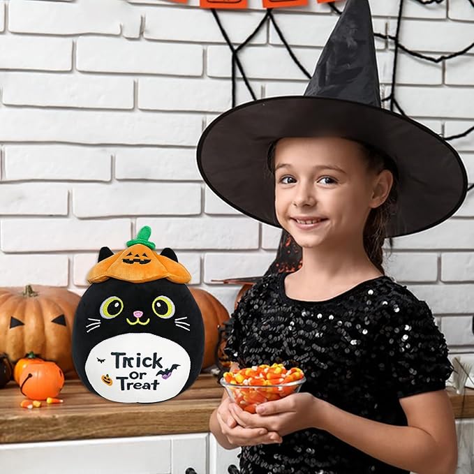 Halloween Stuffed Animal, Halloween Plush Black Cat with Pumpkin Hat, Cute Plushies for Kids Gift