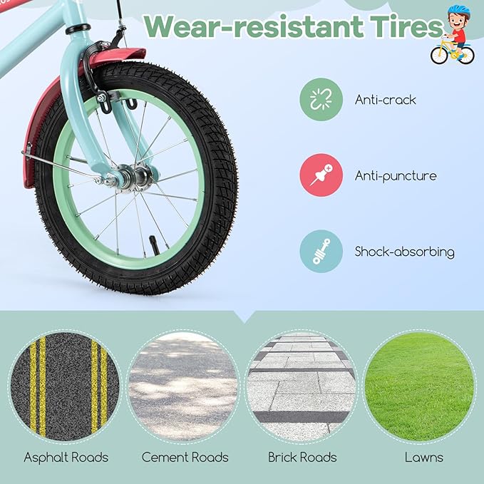 BABY JOY Colorful Macarons Kids Bike, 12 14 16 18 Inch Sporty Children's Bicycle with Training Wheels, Adjustable Handlebar & Saddle, Handbrake & Coaster Brake, Boys Girls Bike for 3-8 Years Old