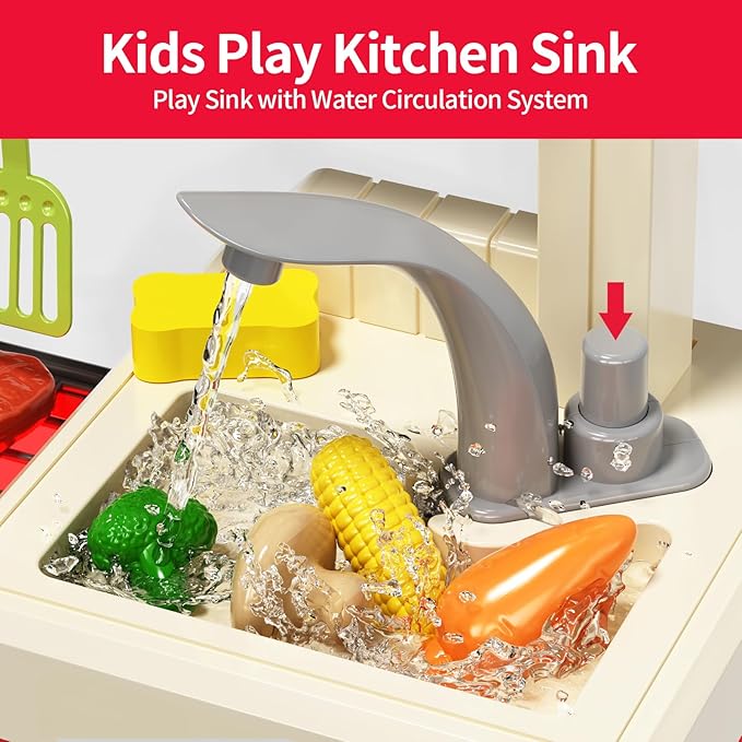 Kids Kitchen Playset, Play Kitchen with Stove, Grill, Sink, Play Food, ToyKitchen Accessories, Cooking Kitchen with Lights Sound Steam, Pretend Play Toys for Kids Toddler
