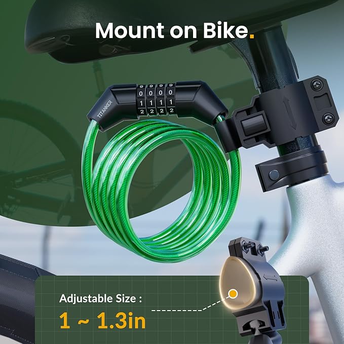 Titanker Bike Lock Cable, 4 Feet Bike Cable Lock Basic Self Coiling Kids Bike Lock Combination with Complimentary Mounting Bracket, 5/16 Inch Diameter (4FT, Green-8mm)