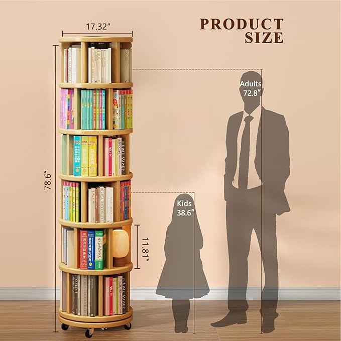 6 Tier Rotating Bookshelf 360° Solid Wood Spinning Book Shelf Tower on Wheels Rolling Revolving Bookcase for Small Spaces, Corner, Bedroom, Kids Room, Office