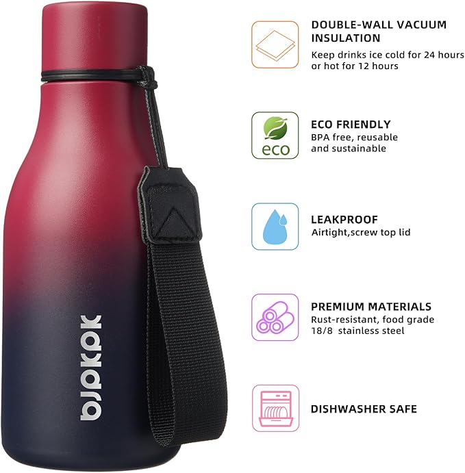 BJPKPK Insulated Water Bottles, 12oz Stainless Steel Metal Water Bottle with Strap, BPA Free Leak Proof Thermos, Mugs, Flasks, Reusable Water Bottle for Sports & Travel, Charming Black Red