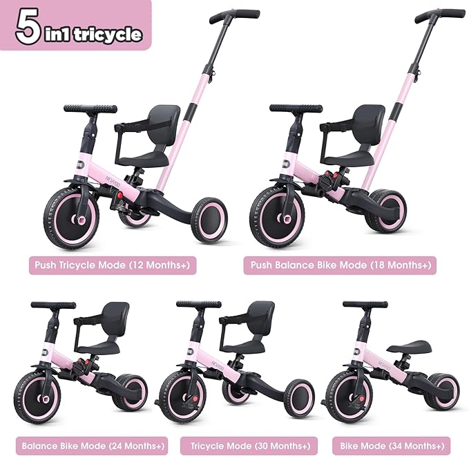 newyoo Toddler Tricycle,Toddler Bike,Birthday Gifts and Toys for 1-3 Year Old Boys and Girls, Trike with Push Handle, Backrest and Safety Belt, Balance Bike, TR007, Pink