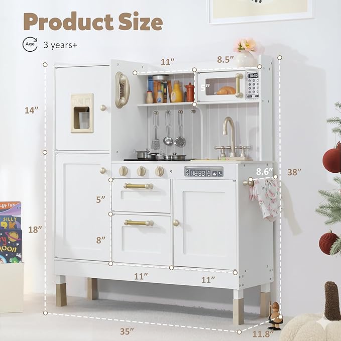 Play Kitchen for Kids, Wooden Kids Kitchen Playset with Realistic Sounds, Children Pretend Toy Kitchen Playset w/Stove, Oven & Ice Maker, Little Chef Play Kitchen for Girls and Boys, White