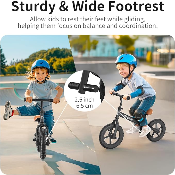 BELEEV C2 Toddler Balance Bike for 2-5 Year Olds with LED Light-Up Wheels, Adjustable Seat & Handlebar & Footrest, 12 inch No-Pedal Training Kids Push Bicycle - First Birthday Gift for Boys & Girls
