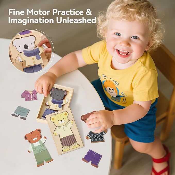 Wooden Puzzles for Toddlers Animal Dress-up Puzzle, Toddler Puzzles, Kids Learning Educational Montessori Toys for 3 4 5 Year Old, Gifts for Boys Girls (Single)