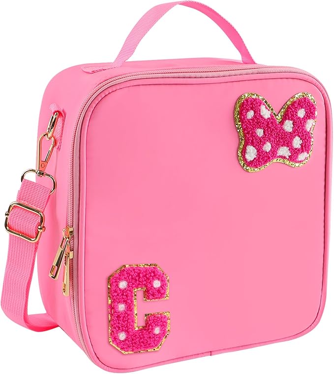 Preppy Initial Bow Mouse Lunch Bag, Kids Insulated Lunch Box Gifts for Teen Girls Daughter, Reusable Soft Lunch Containers Crossbody Cooler Bag Must Haves for Park Travel School Work Picnic Pink C