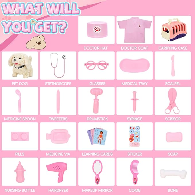 Doctor Kit for Toddlers, 27 Pcs Veterinarian Playset with Walking Dog Toy, Carrying Bag, Stethoscope & Dress Up Costume, Pretend Play Vet Toy for Girls Christmas Birthday Gift Ages 3-6