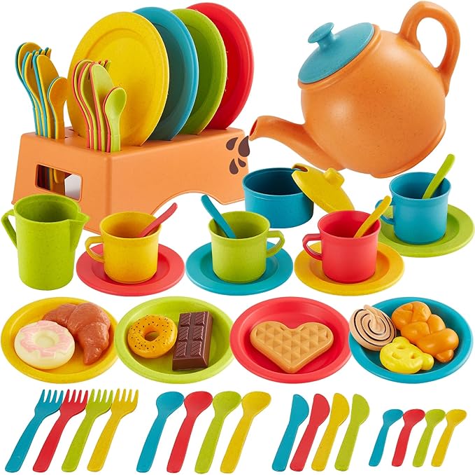 Buyger Play Kitchen Accessories, Play Dishes Plates and Utensils Tea Party Set Food Dessert Toys Gifts for Ages 3 4 5+ Years Old Kids Toddler Children