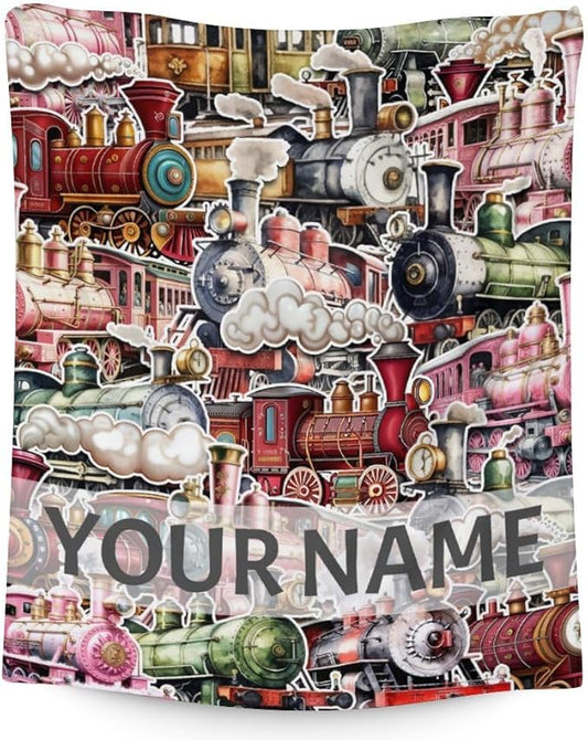 Personalized Train Blanket with Name - Soft, Fuzzy & Warm - 60"x80" Twin Size Blanket for Bed, Couch & Living Room - Red Cute Throw Gifts for Boys