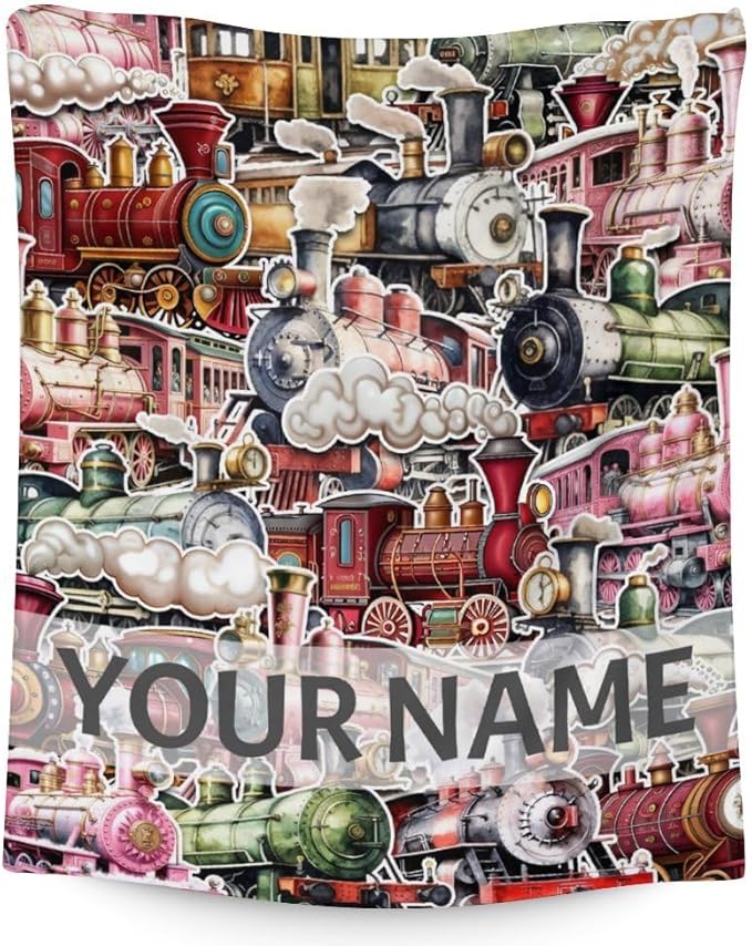 Personalized Train Blanket with Name - Soft, Fuzzy & Warm - 50"x60" Throw Size Blanket for Bed, Couch, Sofa - Red Cute Throw Gifts for Boys