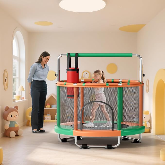 55" Toddler Mini Trampoline for Kids, Indoor Outdoor Toys with Swing, 440lbs Baby Kids Trampoline, Gymnastics Bar, Birthday Gifts for Boy Girl Age 1-8