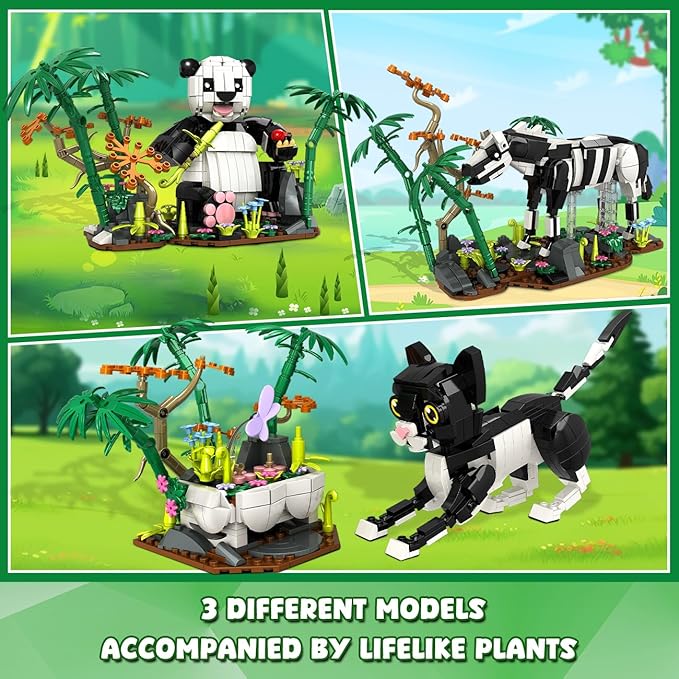 3 in 1 Wild Animals Panda Building Set - Animal Figures with 3 Building Options Panda Cat Zebra, 724 PCS Building Block Toy Home Office Decor Birthday for Kids Boys Girls 9-12+