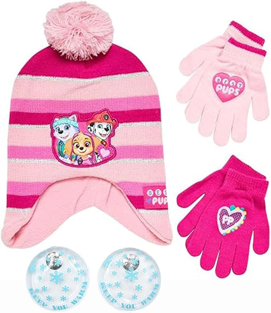 Nickelodeon Paw Patrol Girls Winter Hat and 2 Pair Mittens or Gloves (Age 2-7), Size Age 4-7, Paw Patrol Light/Dark Pink Glove with Handwarmers