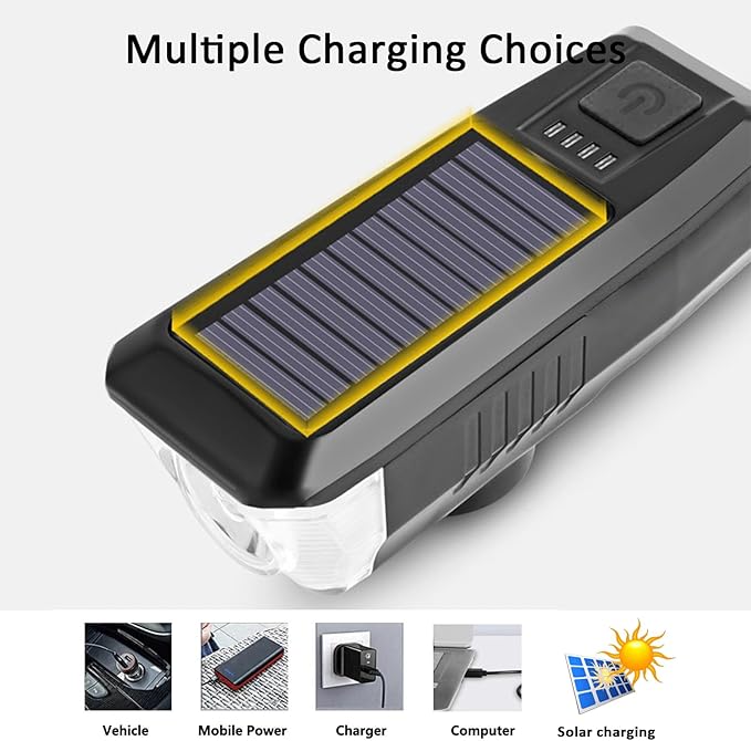 Ultra Bright Bike Light, IPX4 Water Resistant Bicycle Headlight, USB Rechargeable, 3 Light Modes, Solar Powered LED Bicycle Lights Front for Kid Women Men Road Cycling Safety