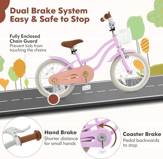 COSTWAY Kids Bike, 12 14 16 18 Inch Toddler Bike Children Bicycle w/Training Wheels, Hand & Coaster Brakes, Adjustable Saddle & Handlebar, Basket, Bell, Kids Bicycle for Girls Boys Aged 3-8 Years Old