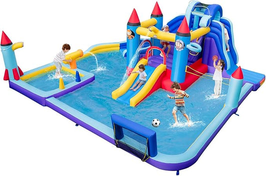 BOUNTECH Inflatable Water Slide, 10-in-1 Water Park Jump Castle for Big Kids 5-12, Water Slides Inflatables w/Huge Splash Pool, Football Gate, Water Bounce House for Kids Outdoor Backyard Party Gifts