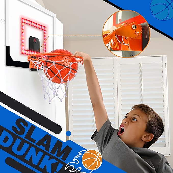 TOY Life Basketball Hoop LED Scoresboard Indoor Basketballhoop Wall Mount Over The Door Backboard for Teens Adults Boys Toys Age 8-10 Games Indoor with 4 Balls