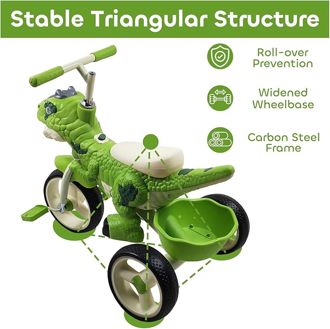 Dinosaur Kids Tricycle for Ages 2-6, Toddler Tricycle Bike Big Wheel Trike with Music Lighting and Rubber Tires, Preschool Daycare Kids Bike, Gift and Toy for 2-6 Boys and Girls