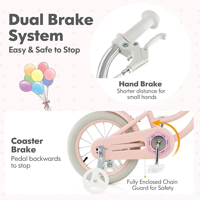 COSTWAY Kids Bike, 14 16 18 Inch Toddler Bike with Training Wheels, Basket, Adjustable Seat & Handlebar, Hand & Coaster Brakes, Bell, for Girl Boy Aged 3-8 Years Old