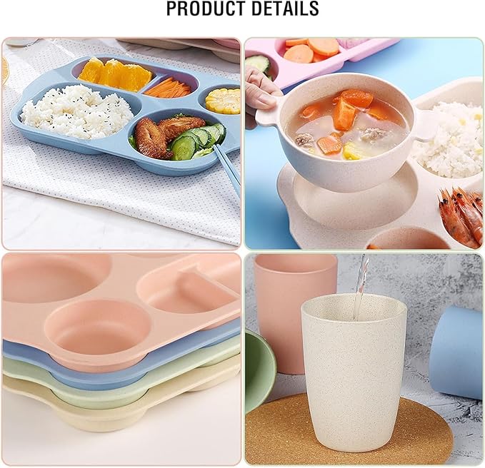 shopwithgreen Wheat Straw Dinnerware Cutlery Set, 20 PCS Kids Toddlers Divided Plates and Bowls Sets, Microwave Unbreakable Tableware Spoon Knife Cup, Dishwasher Safe for Kitchen Picnic School