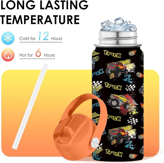 Truck Gifts for Kids - 16 Oz Kids Water Bottle with Straw Lid, Stainless Steel Insulated Tumbler, Leak Proof, BPA-Free, for Girls, School, Travel - Truck Lovers Children Birthday Gifts Cups(1pc)