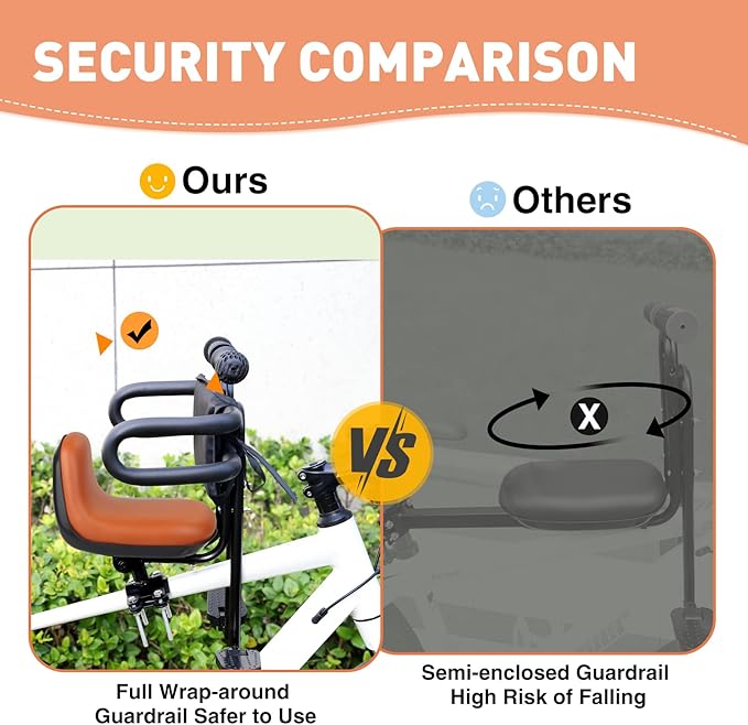 Child Bike Seat - Front Mount, Kids Bike Seat for Adult Bike,Retractable Baby Bike Seat Front Mounted, Toddler Bike Seat for Children 8 Months~4+ Years Old, Brown/Black