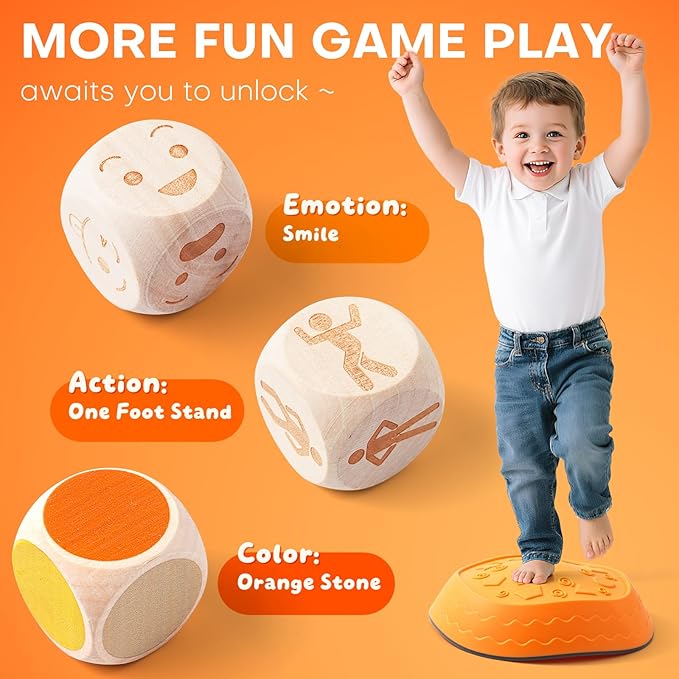 6PCS Dinosaur Stepping Stones for Kids with 3 Wooden Dice (Emotion/Action/Color)-Balance Stone Interactive Play Toddler Stepping Stones for Indoor/Outdoor,Sensory Toys for Toddlers