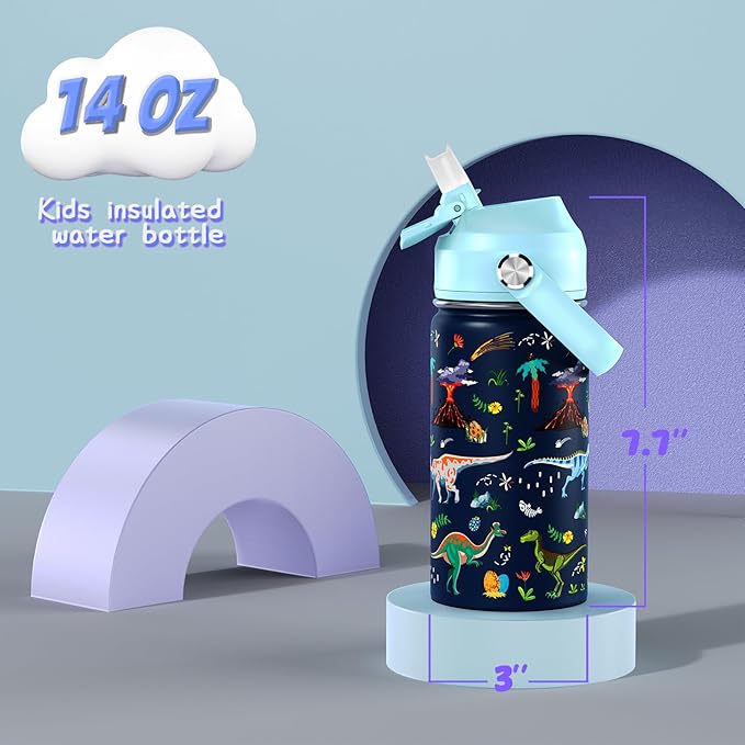 14oz Kids Insulated Water Bottle with Straw Lid - 18/8 Stainless Steel Kid Cup Travel Tumbler Double Wall Vacuum Leak Proof Portable Toddler Water Bottle (Dinosaur)