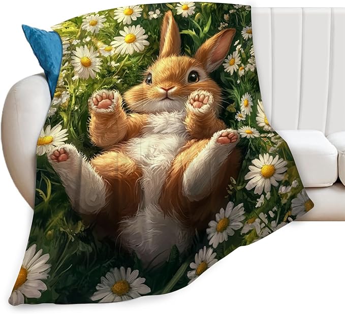 Cute Rabbit Blanket Bunny Hare Throw Blankets Daisy Gifts for Girls Boys Kids Rabbit Lover Soft Cozy Fleece Plush for Couch Sofa Bed 60"x50"