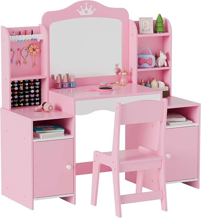 MU Kids Vanity, Girl Vanity Set with Mirror and Stool, 2 in 1 Toddler Makeup Vanity Table with Jewelry Storage, Wooden Princess Makeup Desk Dressing Table for Little Girls, (Pink)