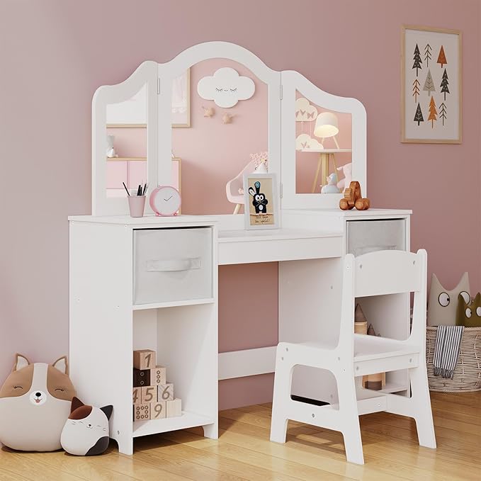 Arlopu Kids Vanity Set, 2 in 1 Toddler Makeup Dressing Table and Chair Set w/Detachable Tri-fold Mirror, Open Shelves, Princess Wooden Pretend Play Desk Furniture Toy for Little Girl (White)