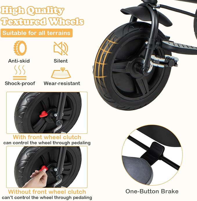 BABY JOY Tricycle, 6 in 1 Tricycle for Toddler w/Reversible Seat, Adjustable Canopy & Parent Handle, 5-Point Safety Belt, PU Wheels and Storage Basket, Push Tricycle for 9-60 Months (Black)