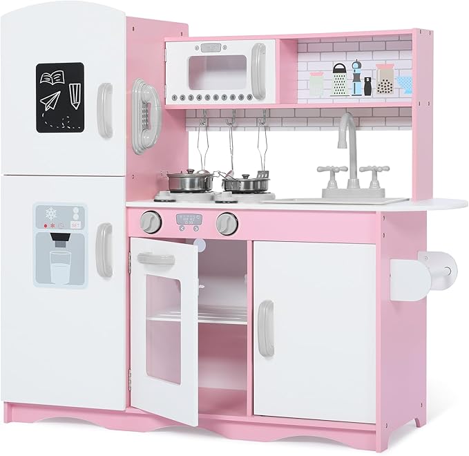 Kinder King Wooden Kids Play Kitchen, Toy Kitchen Playset for Toddler, Pretend Oven, Microwave, Telephone, Chalkboard, Interactive Doors, Knobs, Realistic Kitchen Sets for Boys Girls Age 3+, Pink