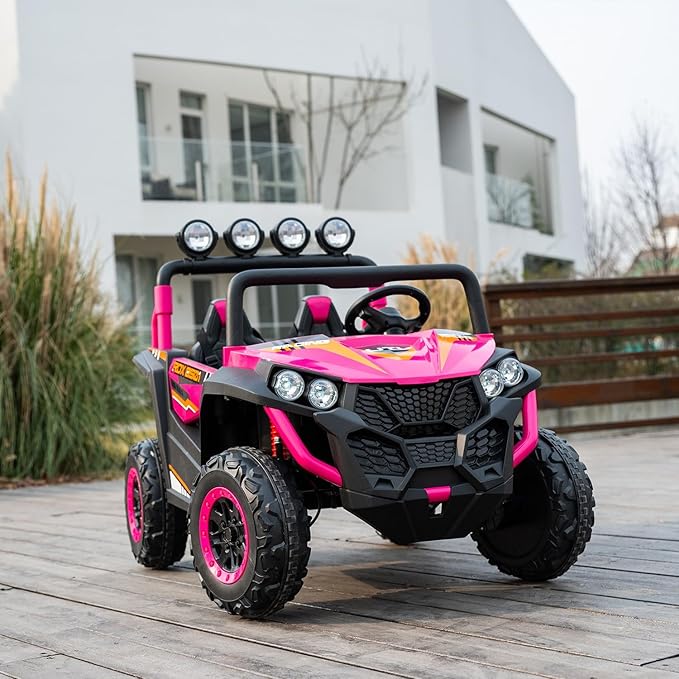 24V 2-Seater Kids Ride-On UTV, 4WD Electric Car with Parent Remote Control, 4x200W Motor, Spring Suspension, LED Headlights & Searchlights, Bluetooth Music, 3-Speed, New Edition, Magenta