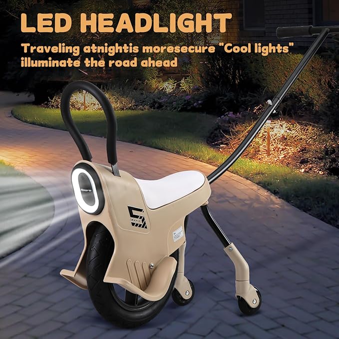 12in Hand Push Unicycle for Kids, Light Unicycle Bikes with Light/Handrails/Auxiliary Wheels, Parent-Child Unicycle Bike, Unicycle Balance Bikes, Kids Unicycle Bicycles (Khaki)