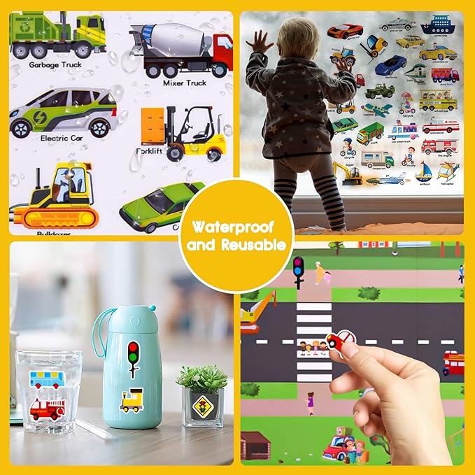 ASTARON 88 Pcs Vehicle Sticker Book for Toddlers, Reusable 3D Sticker Books Road Trip Activities Car Airplane Activities Travel Toys for Kids(2-6 Age)