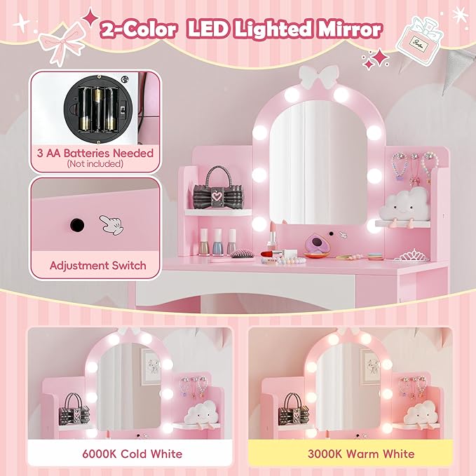 MU Kids Vanity with Lights, Princess Makeup Vanity Table and Chair Set for Girls, Toddler Vanity Desk with Open Bookshelf, Storage Cabinet & Shelves, Stools, Pink