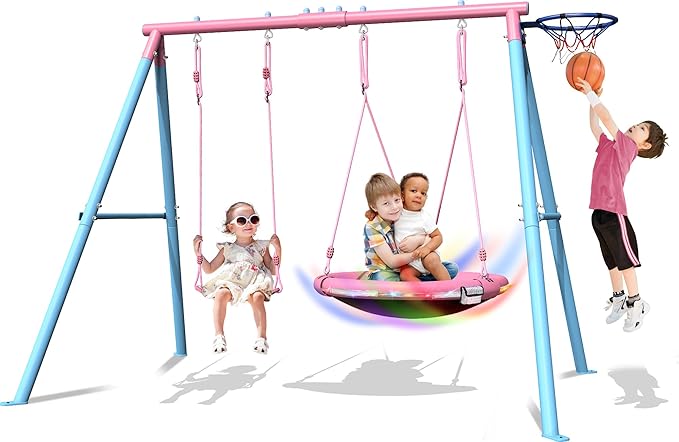 4-in-1 Swing Set 440lbs, Outdoor Swing Sets for Backyard for Kids, 1 Saucer 32", 1 Belt Swing, 1 Basketball Hoop & 1 Led Light with Heavy Duty Metal A-Frame Stand & Anchors for playset