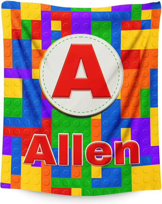 Boys Blankets, Personalized Building Blocks Blanket with Initial Monogram for Kids Toddlers, Funny Throws Blanket Gift, Soft Cozy Flannel Throw for Sofa Bed Couch Decor