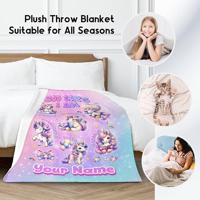 Personalized Unicorn Fleece Blanket for Girls, Women & Kids - God Says I Am Inspirational Gift for Her & Daughter - Soft Plush for Sofa Bed, 50"x60"