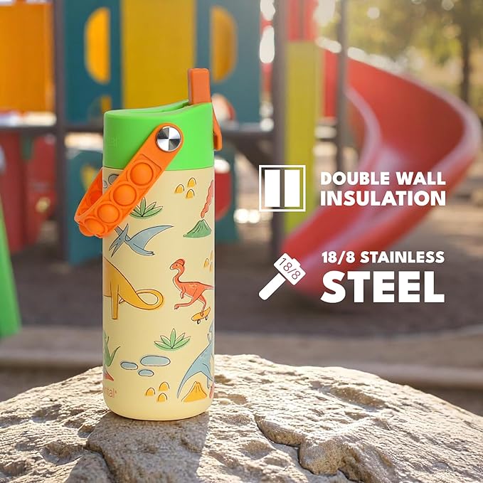 Elemental 100% Leak Proof When Spout is Closed Insulated Kids Water Bottle, Stainless Steel Bottle for School with Straw Lid & Pop-It Handle, Skater Dinos & Green Camo -18oz (2 Pack)