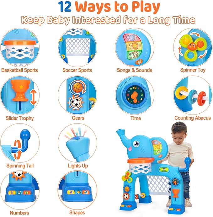 KIZZYEA Toys for 1 2 3 Years Old Boys Girls, Toddler Basketball Hoop & Soccer Goal, Montessori Toy, Interactive Musical Sports Toys with Light, Christmas Birthday Gifts for Baby Kids Age 12-18 Months