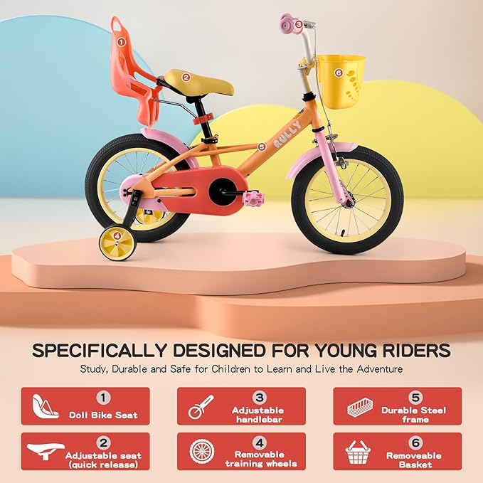 RULLY 12 14 16 Inch Kids Bike for 2-7 Years Girls 33-53 Inch Tall, Toddler Bicycle with Training Wheels & Coaster Brake, Rainbow Bike, Macarons