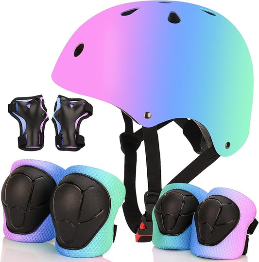 Color Gradient Adjustable Bike Helmet with Knee and Elbow Pads - Kids Toddler Boys and Girls Skateboard Helmet for Ages 3-14 | Ideal for Riding, Scooters, Inline Skating, Longboarding, Roller Skating