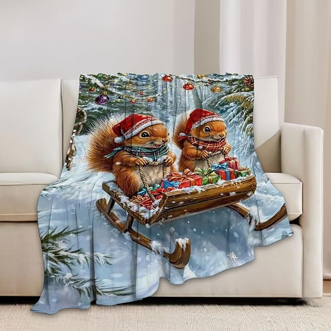 Christmas Squirrel Blanket Cute Animal Throw Blankets Gifts for Girls Boys Kids Squirrel Lover Soft Cozy Fleece Plush for Couch Sofa Bed 60"x50"