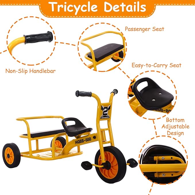 Kids Tricycle for Ages 2-8, Kids Trike Bike with Adjustable Seat, Airless Rubber Tires and Rear Padded Seat, Preschool Daycare Tandem Tricycle, Gift for Boys and Girls
